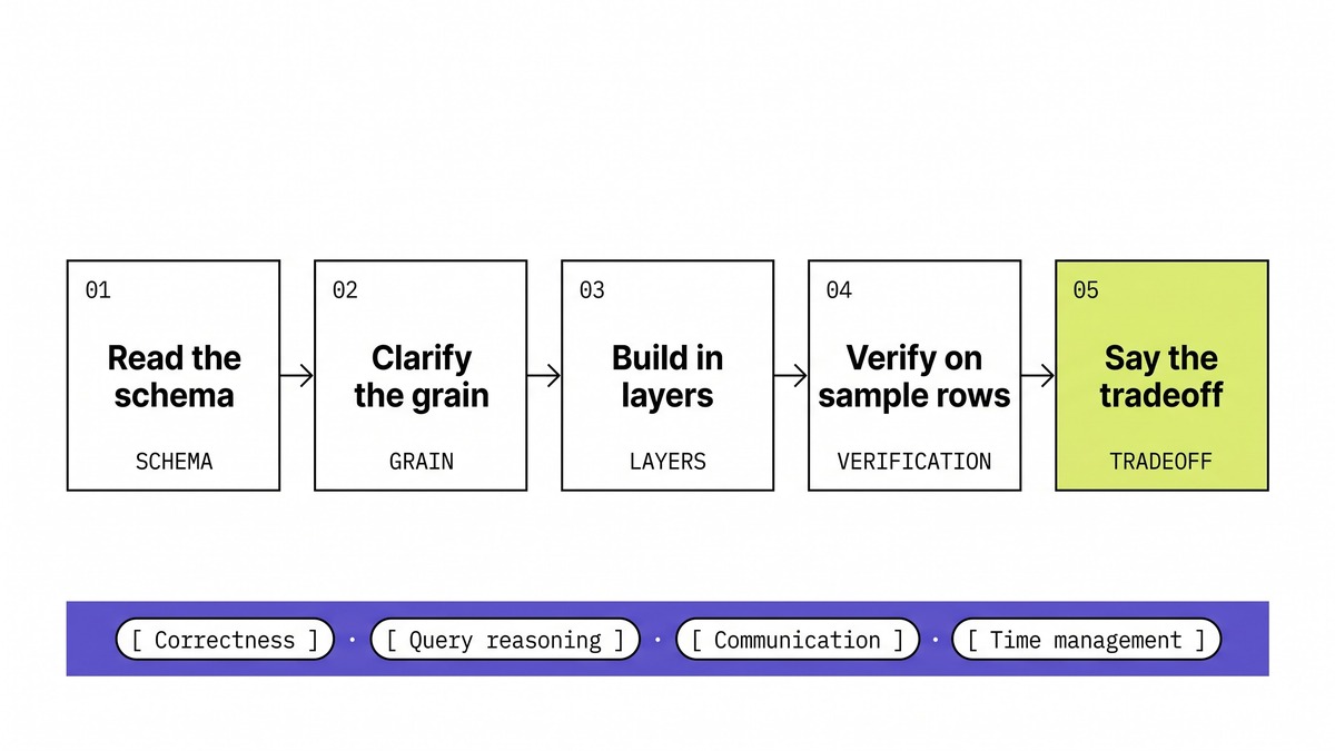 A five-step framework for answering any SQL interview question shown as a left-to-right flow: read the schema, clarify the grain, build in layers, verify on sample rows, and say the tradeoff, mapped to a four-dimension debrief.
